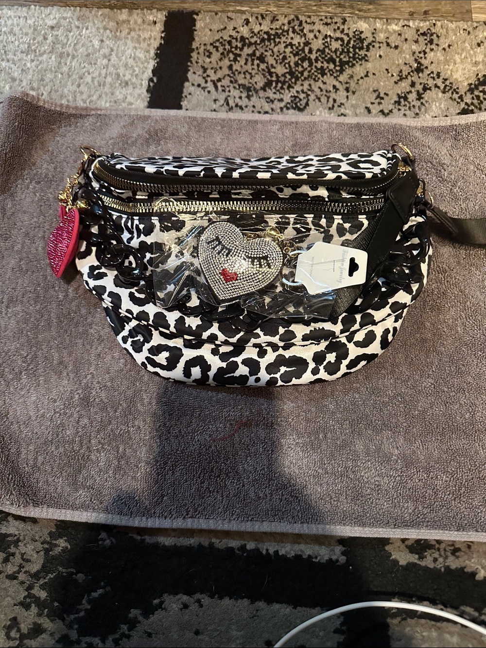 Black & White Leopard Print Crossbody Bag with Heart Charm